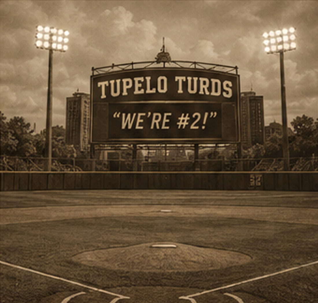 Tupelo Turds ballpark scoreboard reading We're Number 2